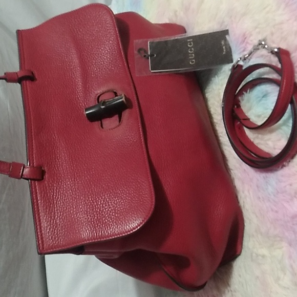 FLASH SALE! Auth Gucci Bamboo Daily Red Leather Large Shoulder/Handbag - Picture 2 of 16